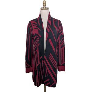 Ming Wang Cardigan Duster Size M Red Black Geometric Open Sophisticated Career